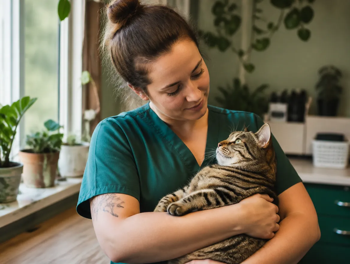 A veterinary technician cradling a calm tabby cat in the clinic