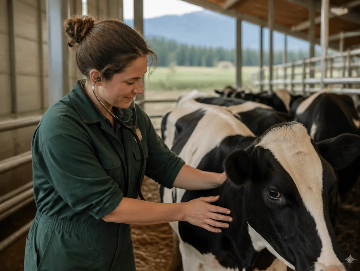 A veterinarian examining a Holstein dairy cow in a North Okanagan barn