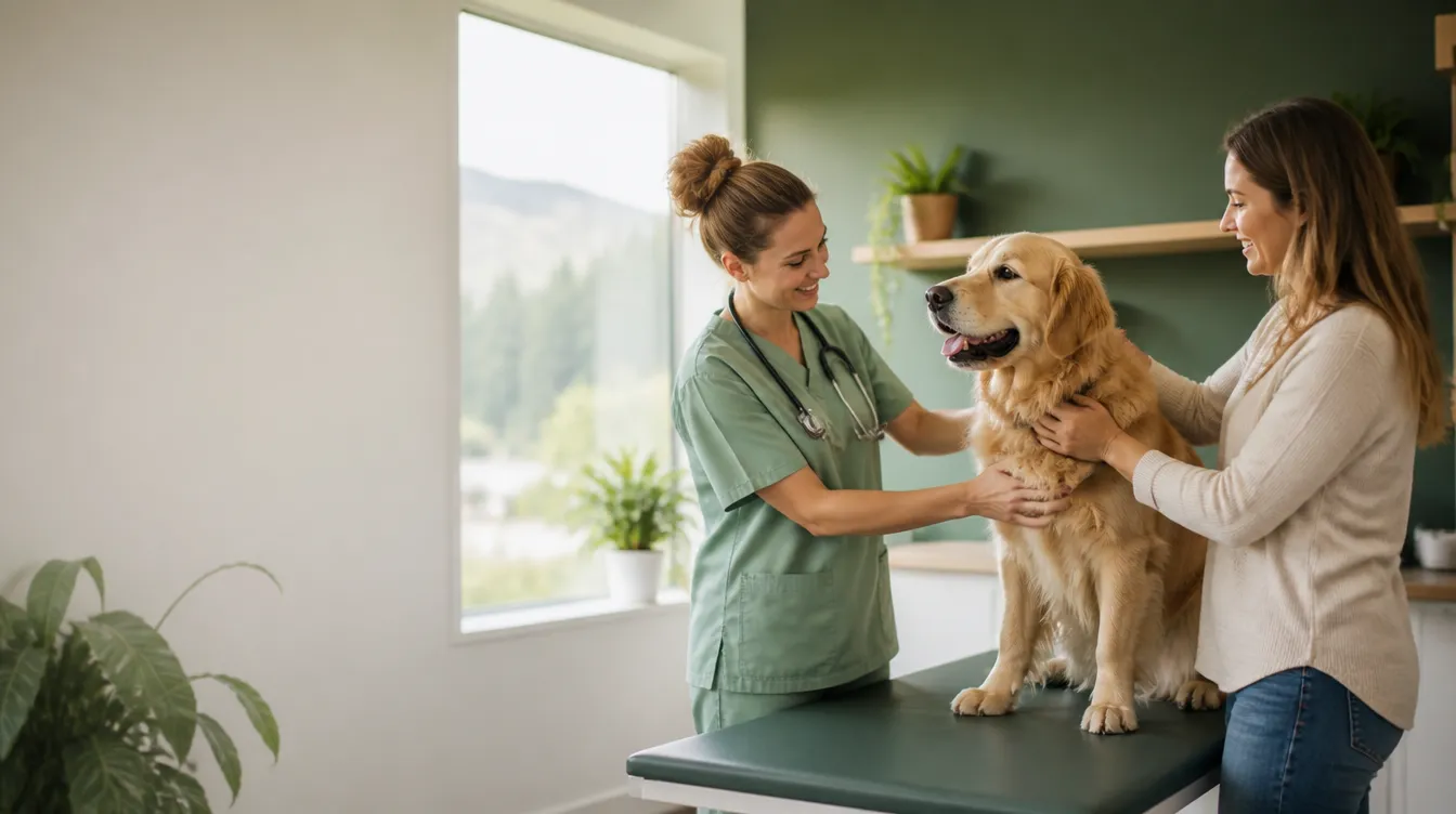 A veterinarian examining a happy dog at Armstrong Veterinary Clinic