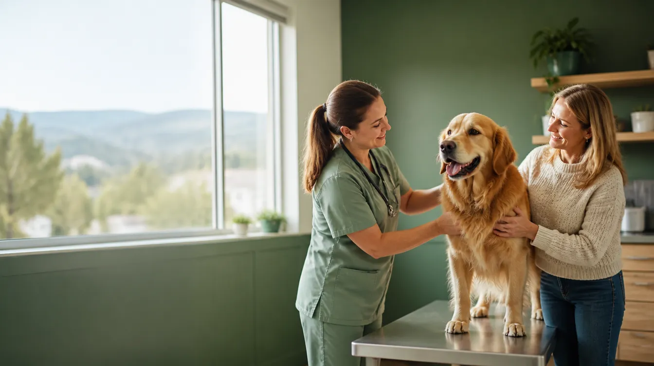 A veterinarian gently examining a golden retriever while its owner looks on, in a bright Armstrong clinic